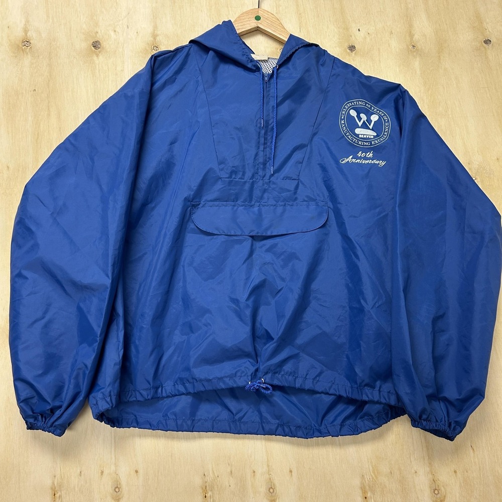 Vintage Windless Jacket Mens Medium Blue Hooded 1/4 Zip Windbreaker Beaver 40th